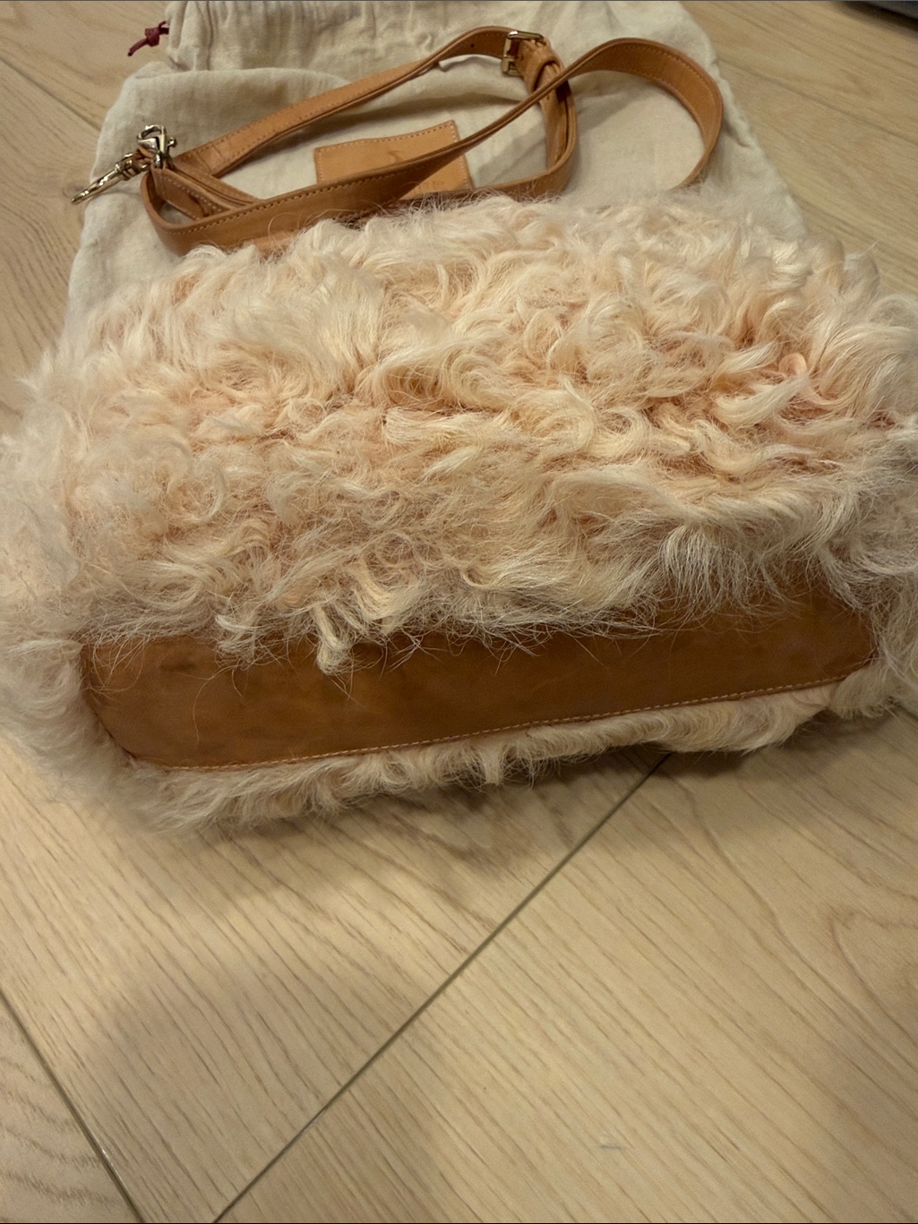 Brother Vellies Shearling Satchel Bag In Light Beige With Tan Trim — image 3 of 8
